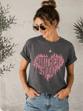 Gildan Charcoal Tee with Pink Flame Heart 'Motherhood' Graphic